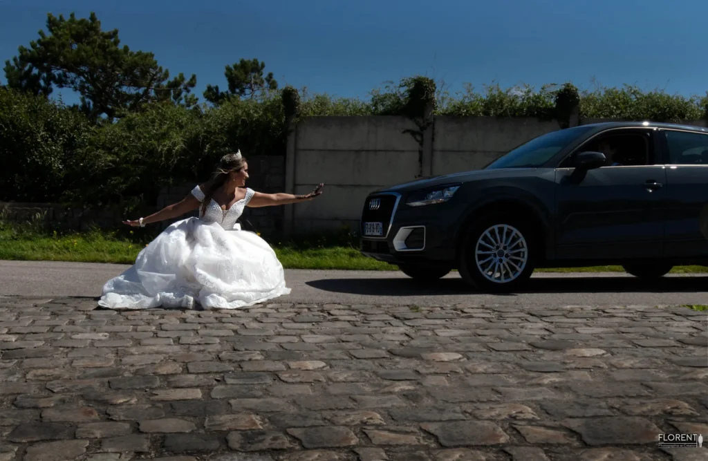 Séance photographie vers le mariage humour mariee milieu de la route studio florent boulogne sur mer lille paris saint omer dunkerque arras lens le touquet