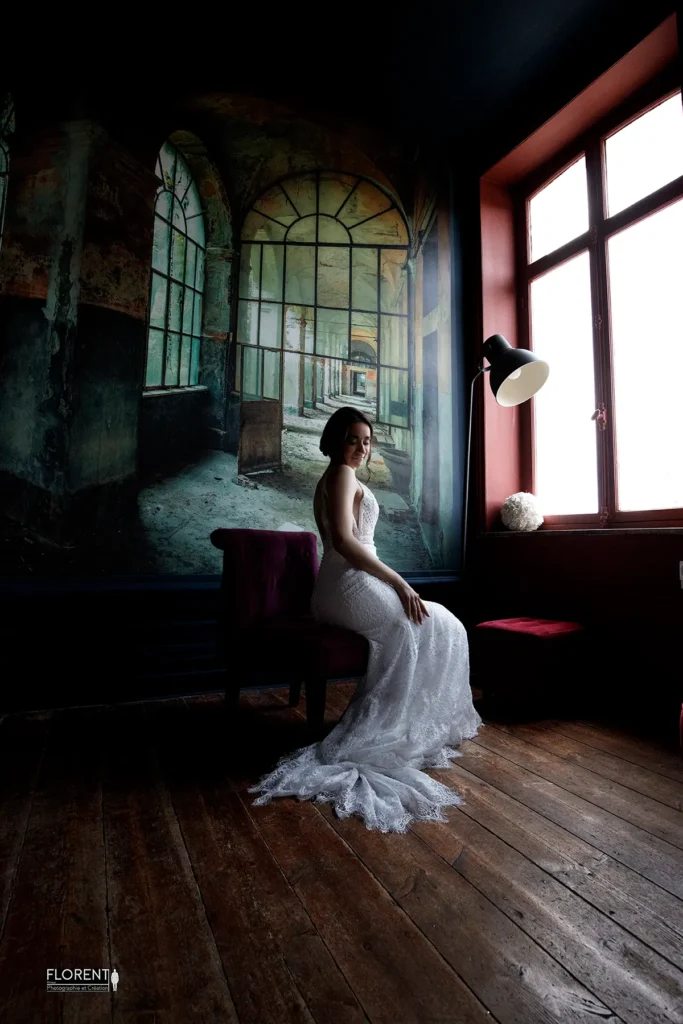 photographe mariage boulogne sur mer superbe pose mariee romantique plancher lueur fenetre boulogne sur mer arras florent photographe lille le touquet saint omer calais