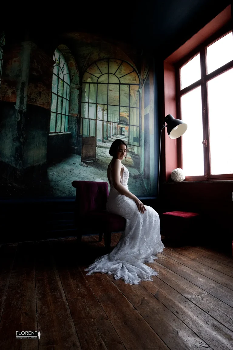photographe mariage boulogne sur mer superbe pose mariee romantique plancher lueur fenetre boulogne sur mer arras florent photographe lille le touquet saint omer calais
